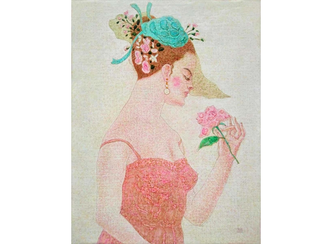 杉本 澄男</br>《手拿玫瑰的女人》 F6  油画